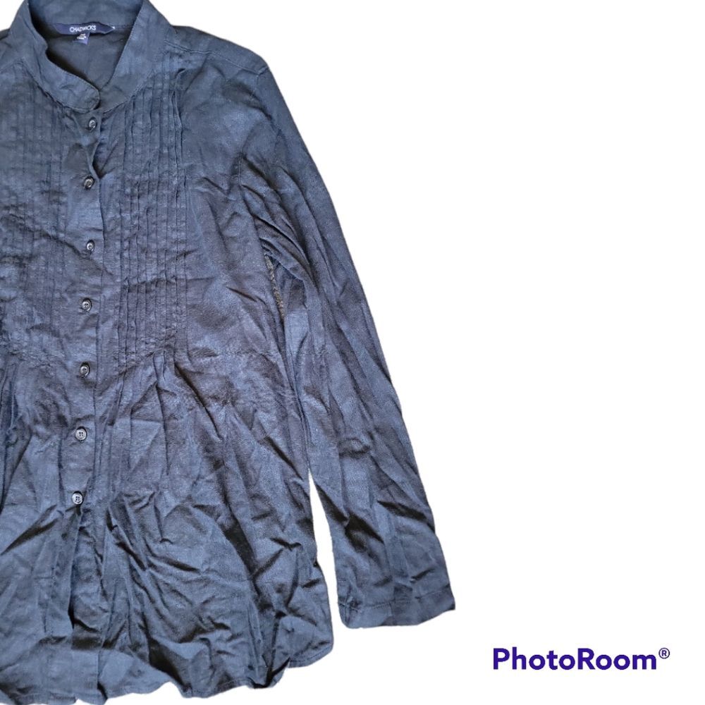Chadwicks Pintuck Black Linen Button Front Top - PM